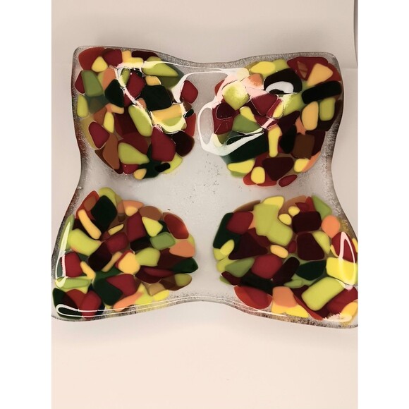 Fused Glass Trinket Dish Catchall Tray Square Red Orange Yellow Green MCM Style - Picture 10 of 12